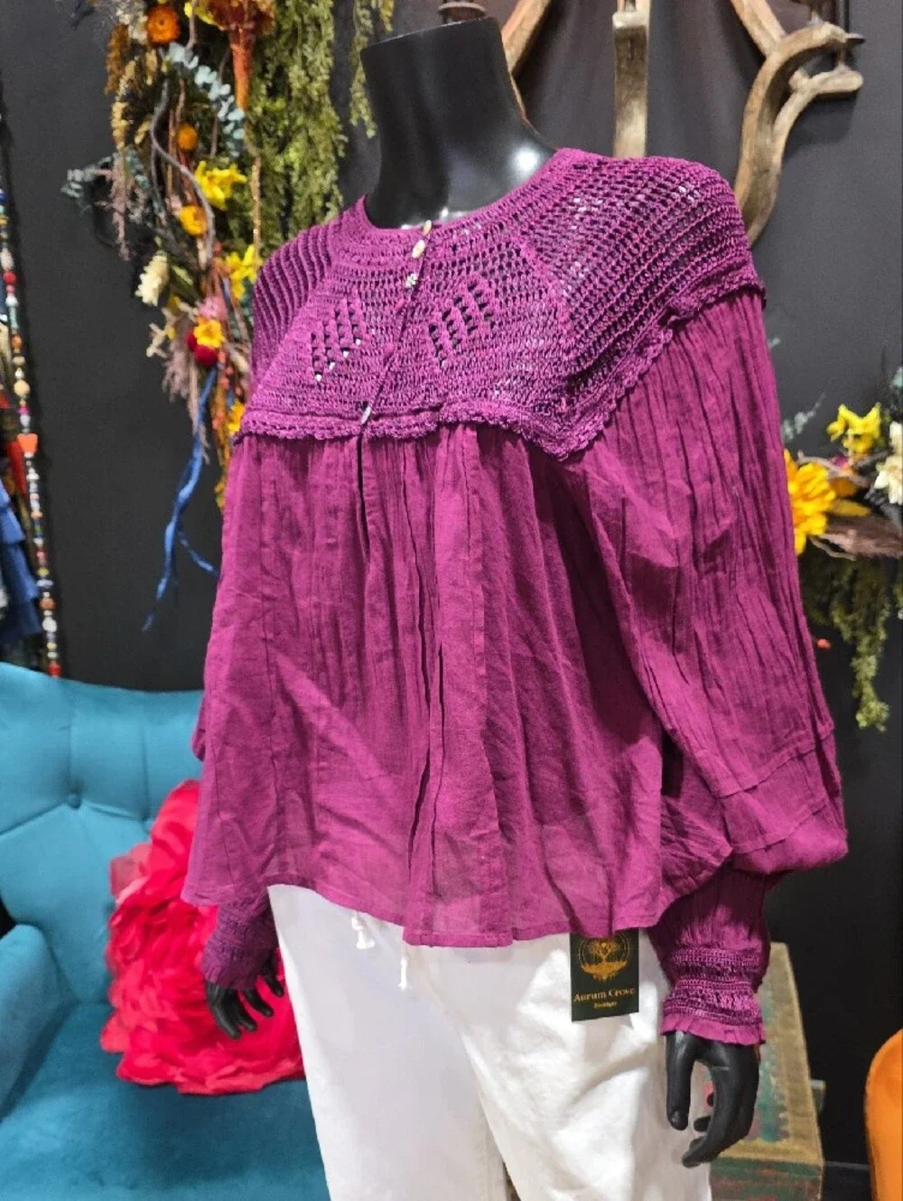 Free People Boho Crochet Yoke Blouse - Purple